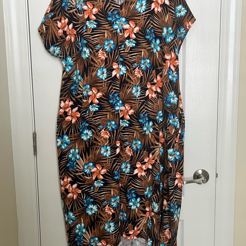 Lands' End Brown Midi Dress with Blue & Coral Floral Print
